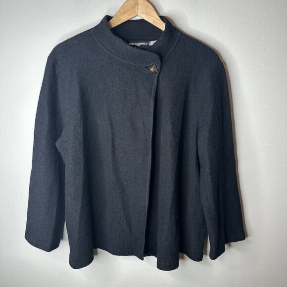 Karl Lagerfeld Paris Cardigan Sweater Jacket Sz L Black Wool Blend Button Luxury - Picture 1 of 11
